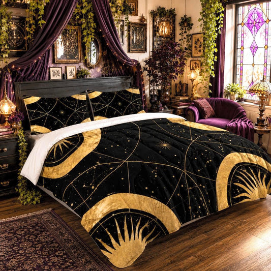May include: A black comforter set featuring a gold celestial pattern with suns, moons, and stars. The bedding includes a matching pillow sham, all decorated with intricate golden lines and cosmic motifs against a dark background, creating a bold look.