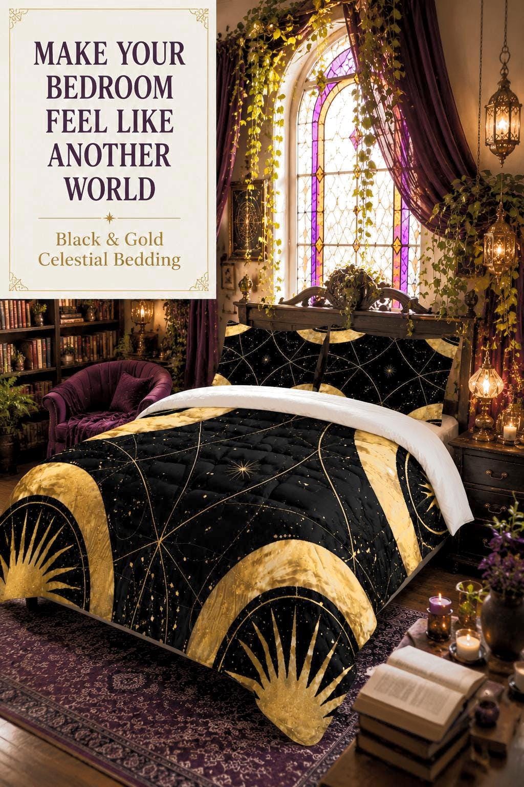 May include: A black and gold celestial bedding set featuring a sun and moon pattern with white stars. The text on the image reads: MAKE YOUR BEDROOM FEEL LIKE ANOTHER WORLD Black &amp; Gold Celestial Bedding. The bedding includes a comforter and pillows.