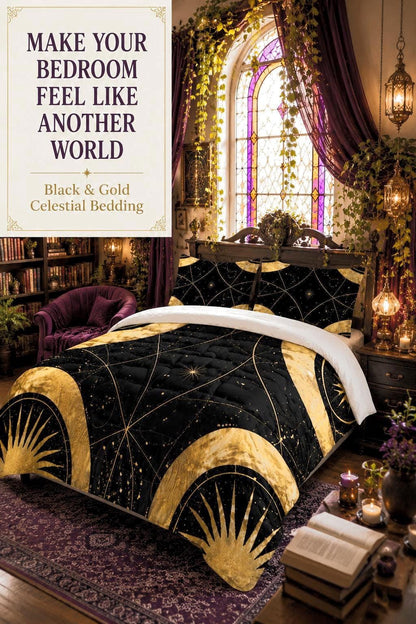 May include: A black and gold celestial bedding set featuring a sun and moon pattern with white stars. The text on the image reads: MAKE YOUR BEDROOM FEEL LIKE ANOTHER WORLD Black &amp; Gold Celestial Bedding. The bedding includes a comforter and pillows.