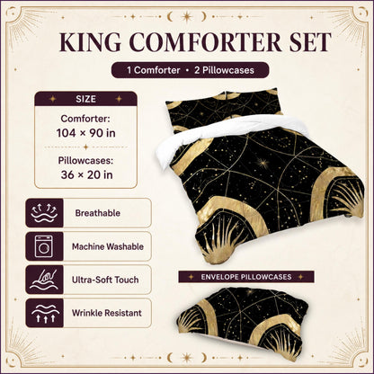 May include: A king comforter set featuring a black and gold celestial pattern with sun and star motifs. The set includes one comforter measuring 104 by 90 inches and two envelope pillowcases measuring 36 by 20 inches. It is breathable, machine washable, and wrinkle resistant.