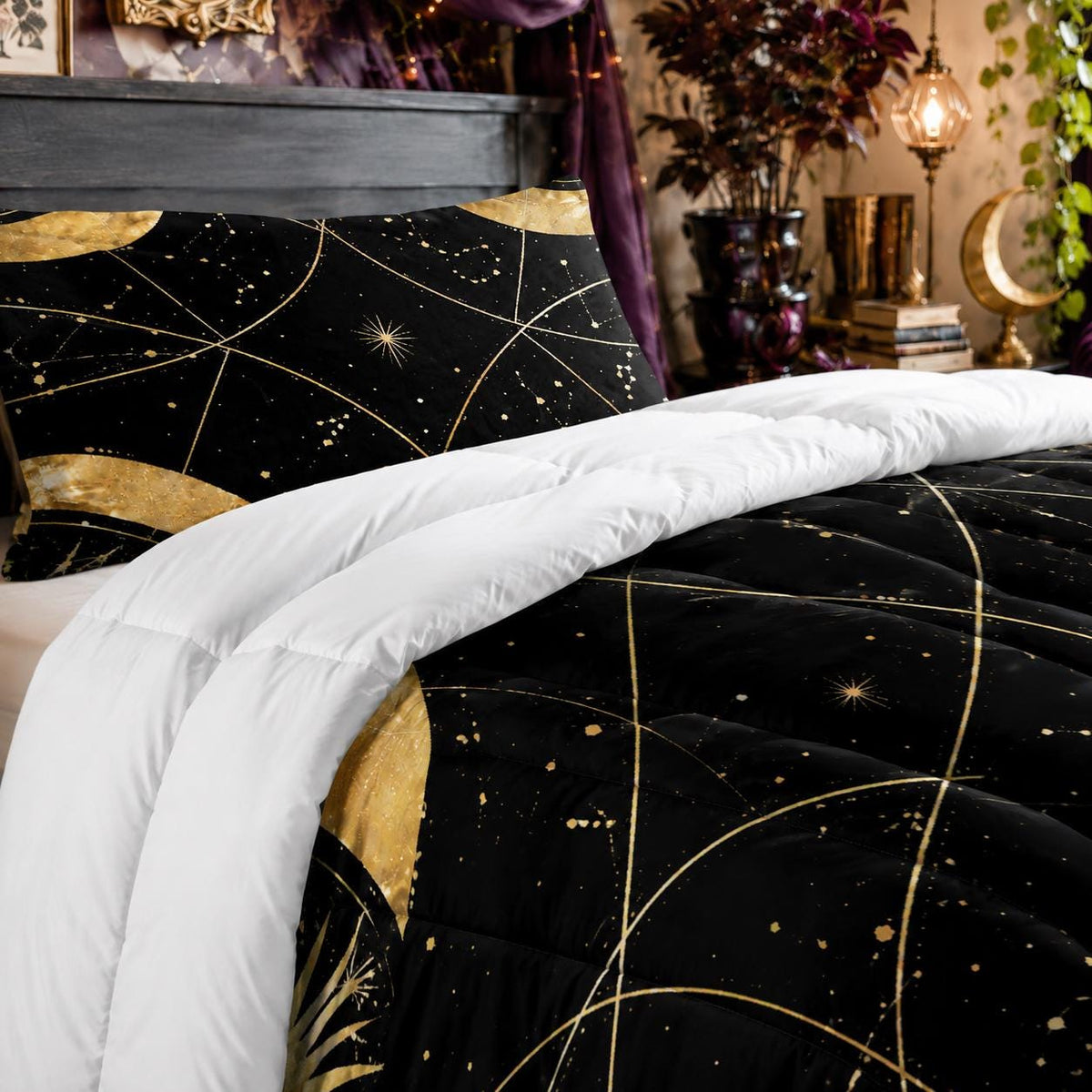 May include: A black comforter and matching pillowcase set featuring a celestial pattern with gold lines, stars, and constellations. The bedding has a white underside and a soft, quilted texture, displaying a dark night sky theme with gold accents.