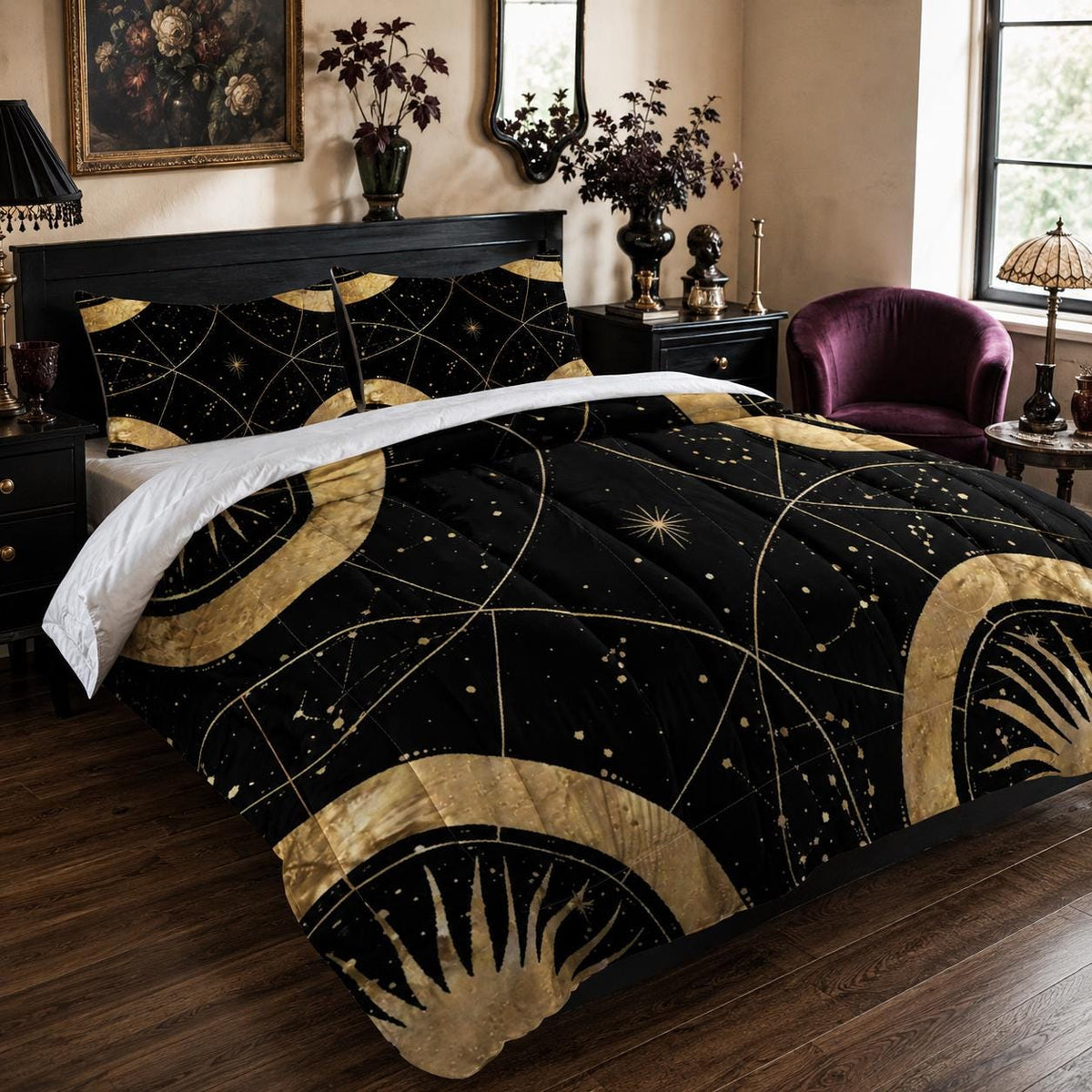 May include: A black comforter and matching pillow shams featuring a gold celestial pattern of suns, moons, and stars connected by thin lines. The bedding set has a white underside and is draped over a bed frame with a dark wooden headboard.