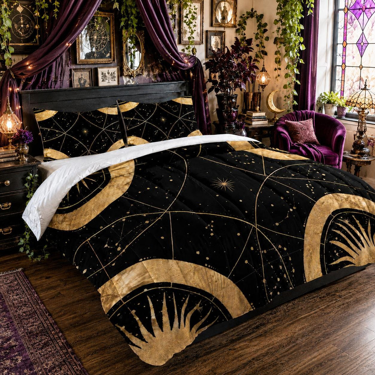 May include: A black comforter and two matching pillowcases featuring a gold celestial print with suns, moons, and star constellations. The bedding set has a white underside and a geometric pattern of thin gold lines connecting various cosmic symbols.