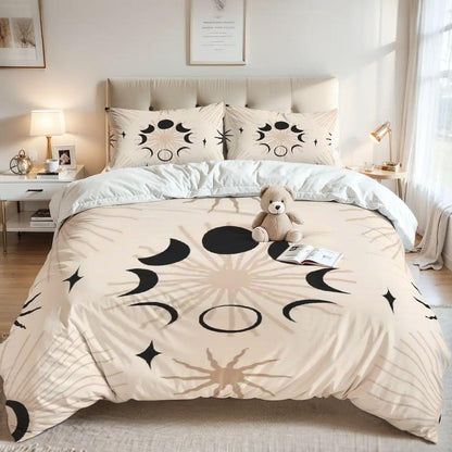 Moon Phase Queen Duvet Cover Set, Witchy Celestial Bedding, Black Ivory Whimsigoth Bedding, Gothic Bedroom Decor, 3 Piece Set