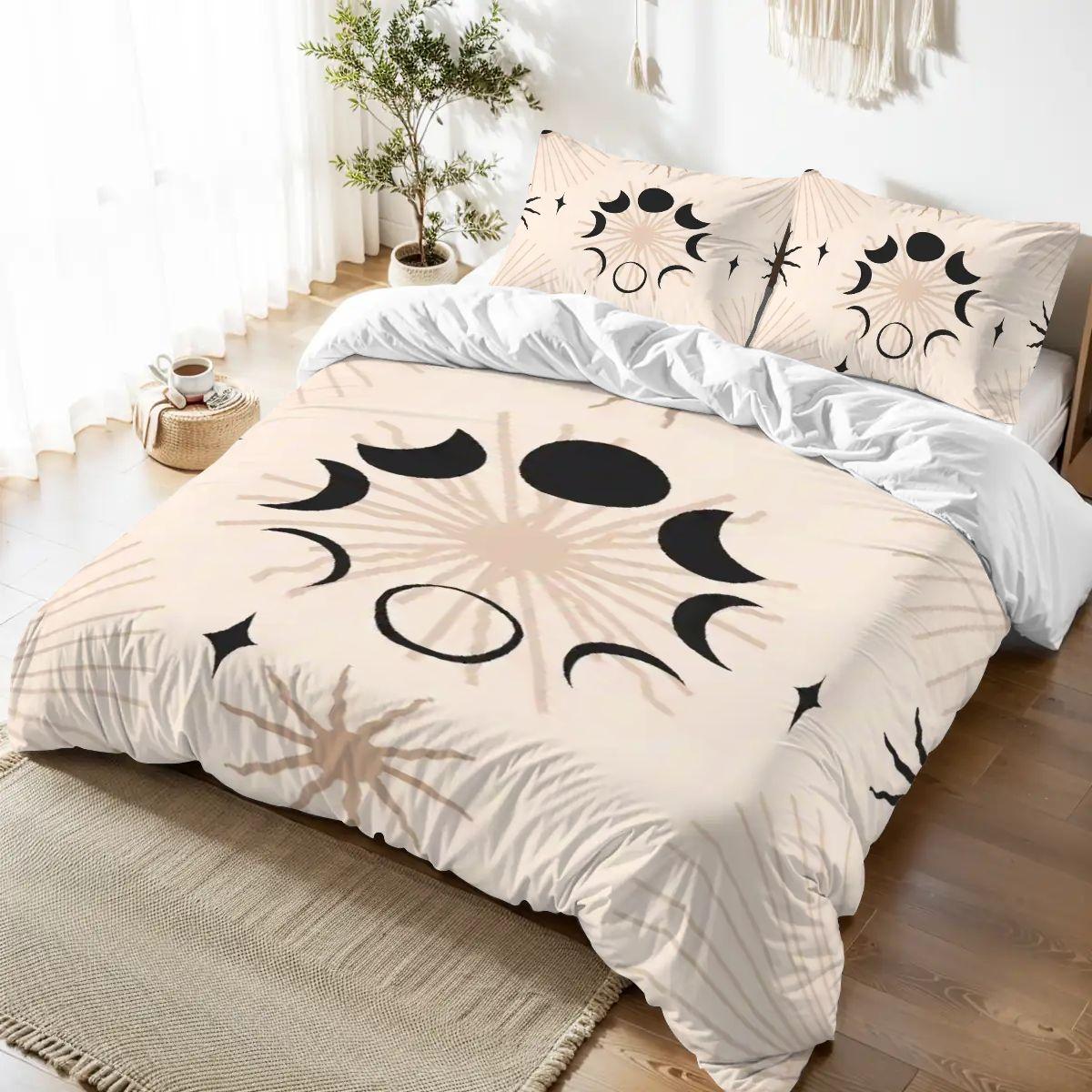 Moon Phase Queen Duvet Cover Set, Witchy Celestial Bedding, Black Ivory Whimsigoth Bedding, Gothic Bedroom Decor, 3 Piece Set
