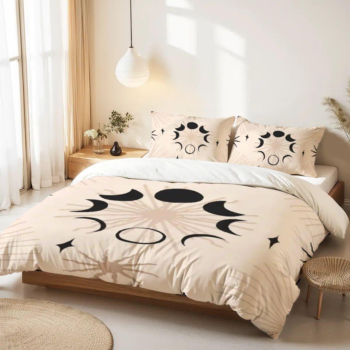Moon Phase Queen Duvet Cover Set, Witchy Celestial Bedding, Black Ivory Whimsigoth Bedding, Gothic Bedroom Decor, 3 Piece Set
