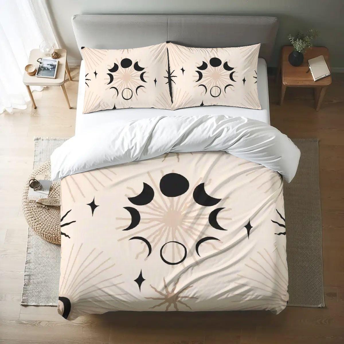 Moon Phase Queen Duvet Cover Set, Witchy Celestial Bedding, Black Ivory Whimsigoth Bedding, Gothic Bedroom Decor, 3 Piece Set