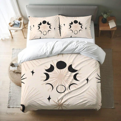 Moon Phase Queen Duvet Cover Set, Witchy Celestial Bedding, Black Ivory Whimsigoth Bedding, Gothic Bedroom Decor, 3 Piece Set