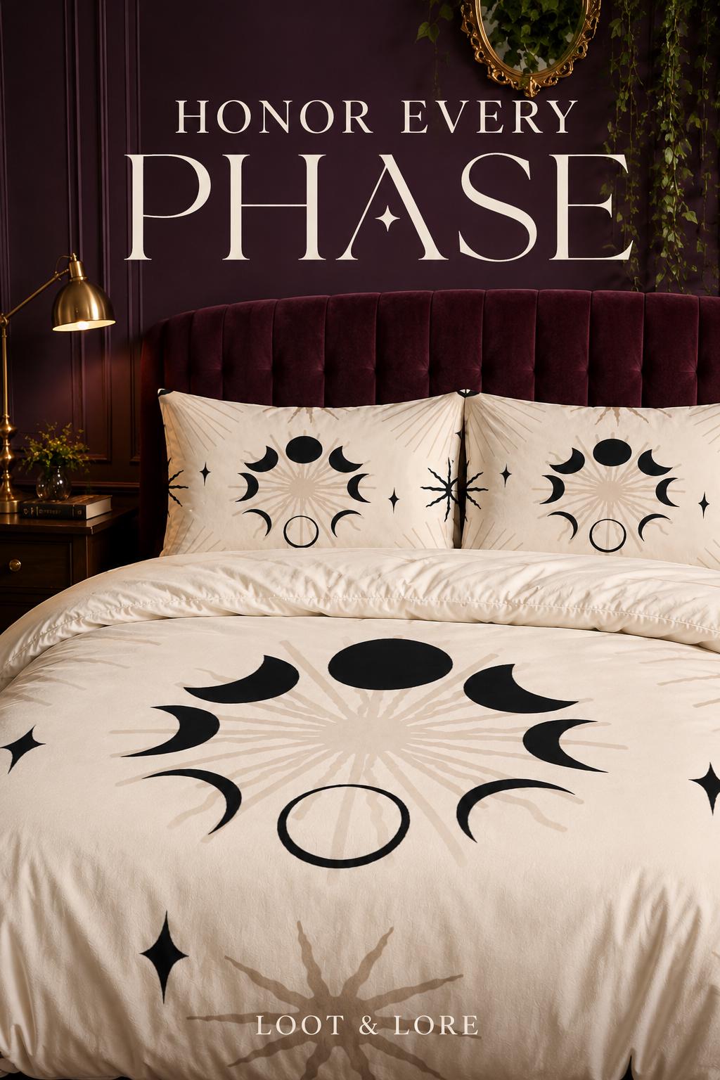 May include: A cream-colored duvet cover and two matching pillowcases featuring a black and beige moon phase cycle print with star accents. The text "HONOR EVERY PHASE" is printed above the bed, and "LOOT &amp; LORE" is printed at the bottom.