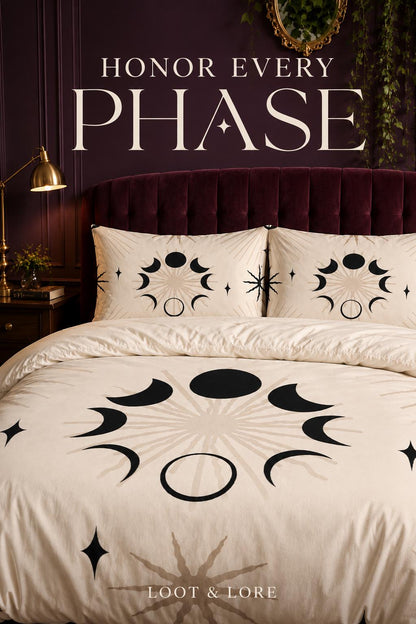 May include: A cream-colored duvet cover and two matching pillowcases featuring a black and beige moon phase cycle print with star accents. The text "HONOR EVERY PHASE" is printed above the bed, and "LOOT &amp; LORE" is printed at the bottom.