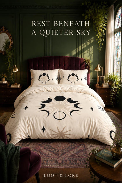May include: A cream-colored duvet cover and two matching pillowcases featuring a black and tan celestial moon phase and sunburst pattern. The text REST BENEATH A QUIETER SKY is printed above the bed, and LOOT &amp; LORE is printed at the bottom.