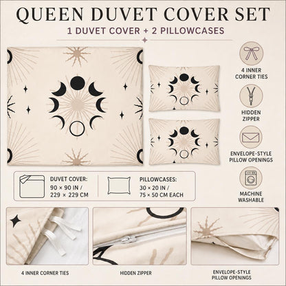 May include: A queen duvet cover set featuring a beige background with black and tan moon phase and sunburst patterns. Includes one 90 by 90 inch duvet cover and two 30 by 20 inch pillowcases. Features four inner corner ties, a hidden zipper, and envelope-style pillow openings.