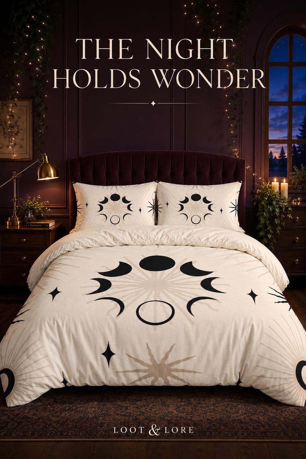May include: A cream-colored duvet cover and two matching pillowcases featuring a black and beige celestial print of moon phases and starbursts. The text THE NIGHT HOLDS WONDER is centered above the bed, and LOOT &amp; LORE is printed at the bottom.