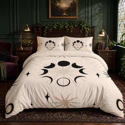 May include: A cream-colored duvet cover and two matching pillowcases featuring a repeating black and beige celestial pattern of moon phases, sunbursts, and four-pointed stars arranged in a circular design across the fabric surface.