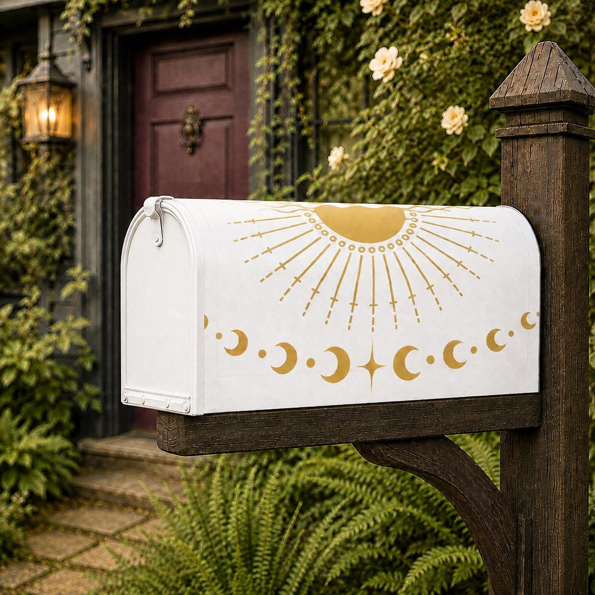 May include: A white metal mailbox featuring a gold-colored graphic design on its side. The design displays a central sunburst motif with radiating lines above a horizontal row of various moon phases, including crescents and circles, and a four-pointed star.