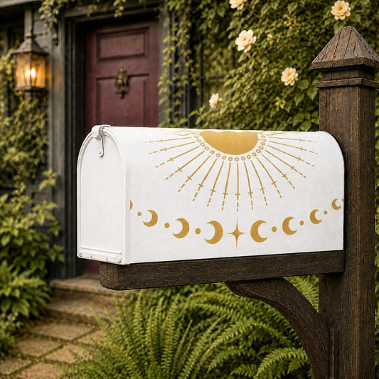 May include: A white metal mailbox featuring a gold-colored graphic design on its side. The design displays a central sunburst motif with radiating lines above a horizontal row of various moon phases, including crescents and circles, and a four-pointed star.