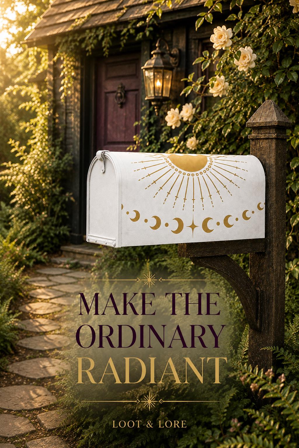 May include: A white metal mailbox featuring a gold sunburst design on the top and a series of gold moon phases along the side. The text "MAKE THE ORDINARY RADIANT" and "LOOT &amp; LORE" is printed in dark purple and gold lettering below the mailbox.