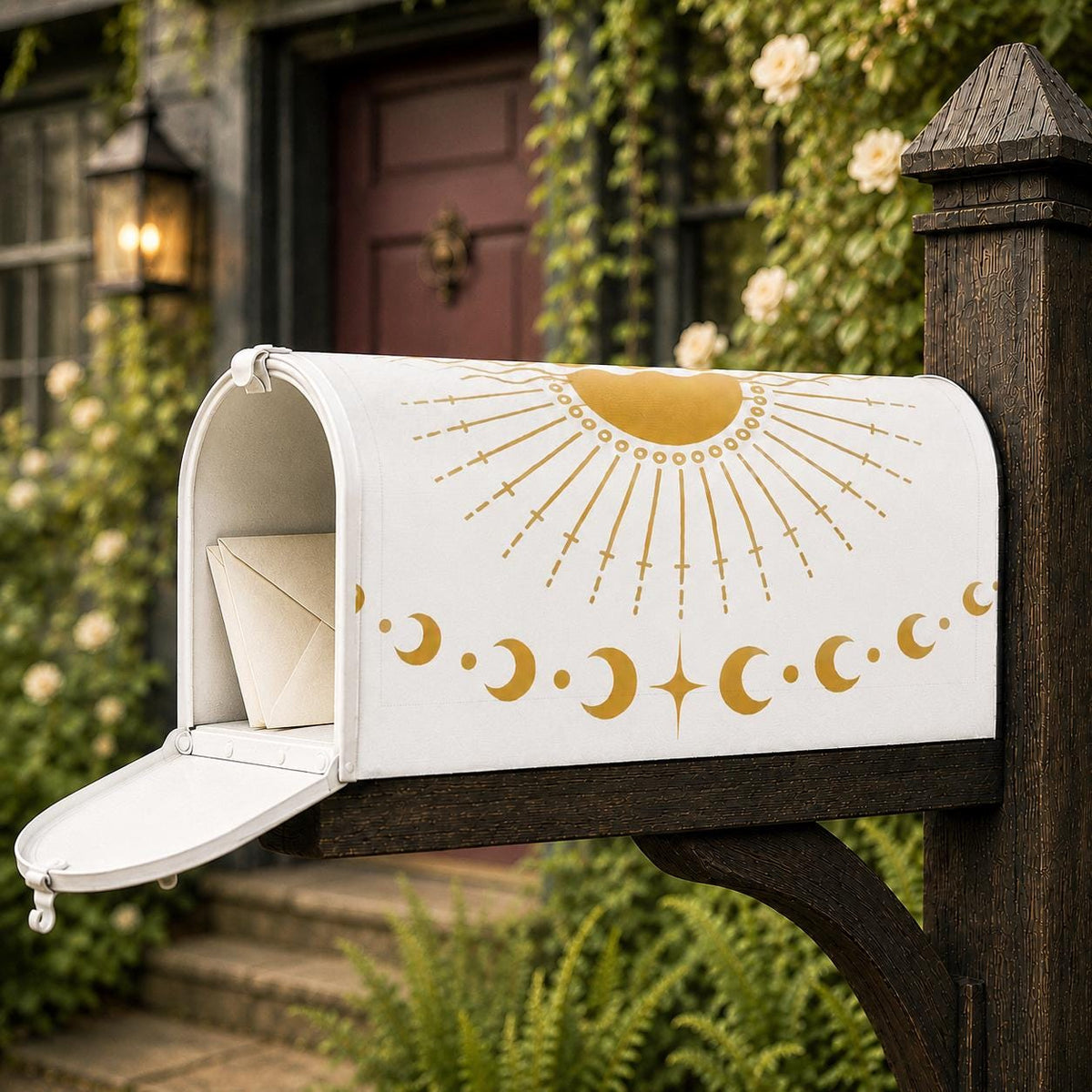 May include: A white metal mailbox featuring a gold-colored graphic of a sun with radiating rays and a horizontal row of moon phases below it. The mailbox door is open, revealing a white envelope tucked inside the interior compartment.