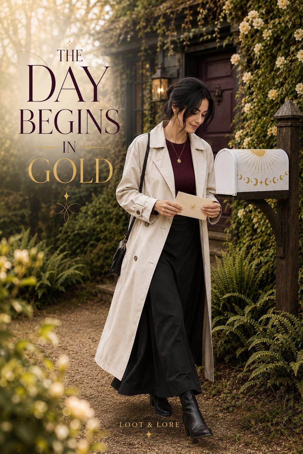 May include: A beige trench coat worn over a dark maroon top and a black skirt, paired with black boots. The outfit includes a black shoulder bag and a gold necklace. The text reads THE DAY BEGINS IN GOLD and LOOT &amp; LORE near a white mailbox.