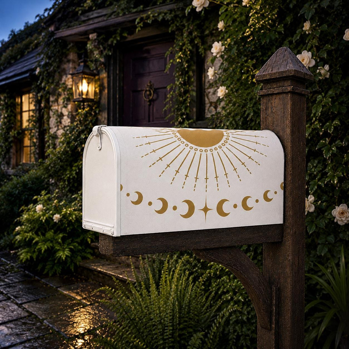 May include: A white metal mailbox mounted on a dark wooden post. The front of the mailbox features a gold-colored graphic design consisting of a central sunburst motif at the top, with a horizontal row of various moon phases and a four-pointed star.