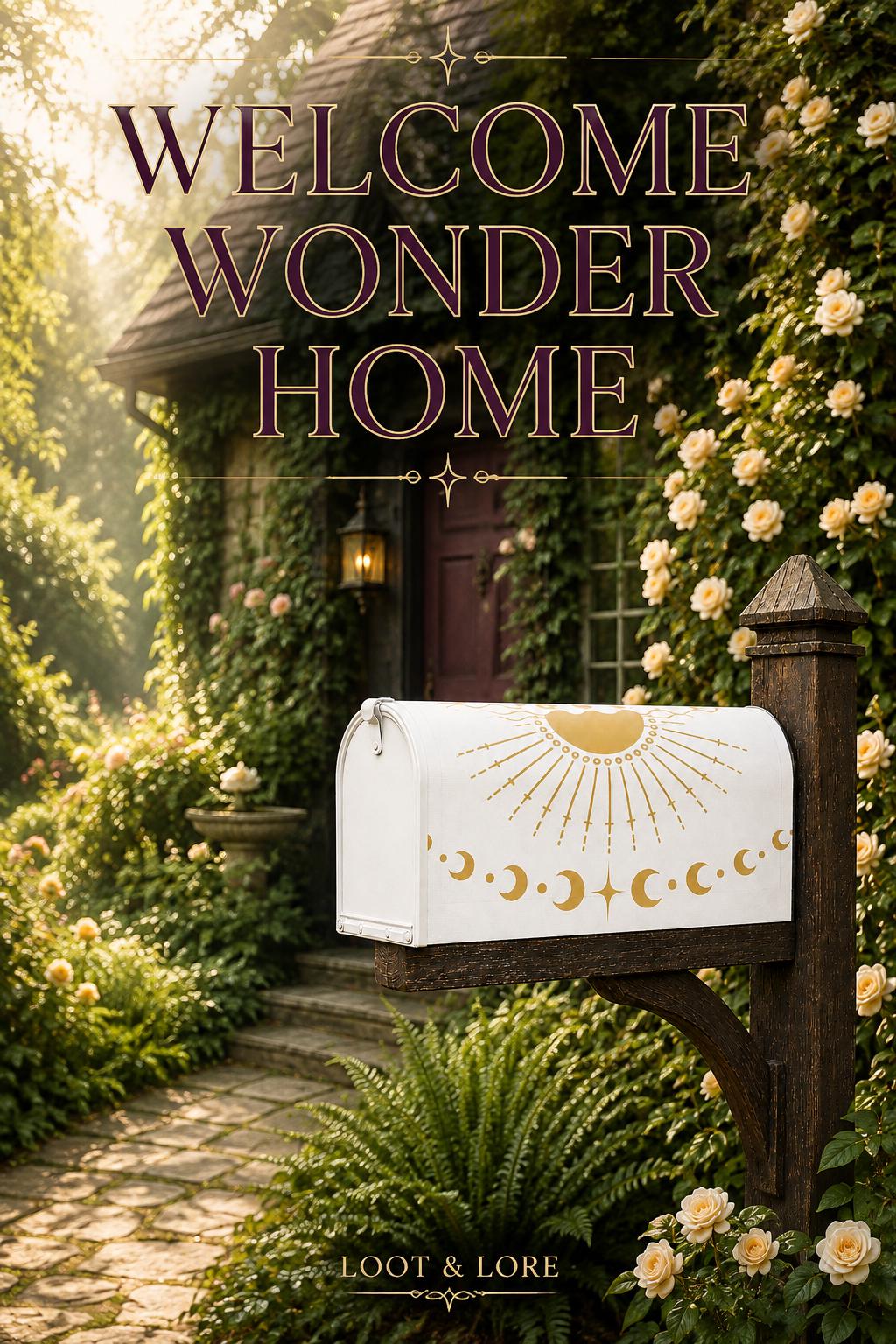 May include: A white mailbox mounted on a dark wooden post, featuring a gold sun and moon phase graphic. The text WELCOME WONDER HOME appears at the top, and LOOT &amp; LORE is printed at the bottom. The mailbox is set in a garden with yellow roses.