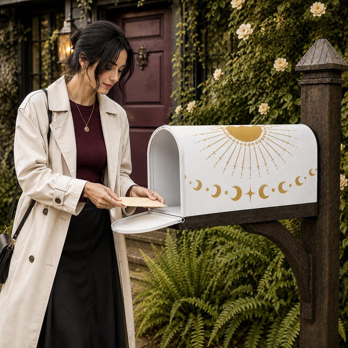 May include: A white metal mailbox mounted on a wooden post, featuring a gold celestial design with a sunburst at the top and a series of crescent moon phases along the bottom edge. The mailbox has a hinged door that is currently open.