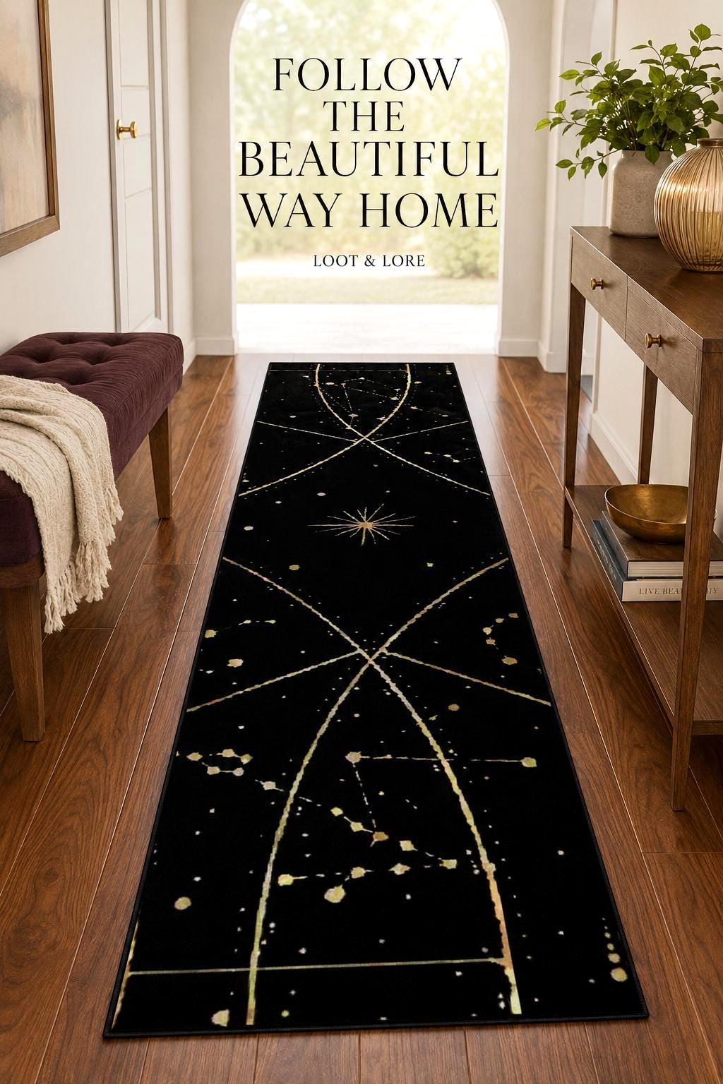 May include: A long, rectangular runner rug featuring a black background with a gold celestial pattern of stars, constellations, and intersecting curved lines. The design includes a central starburst motif and scattered dots representing a night sky.
