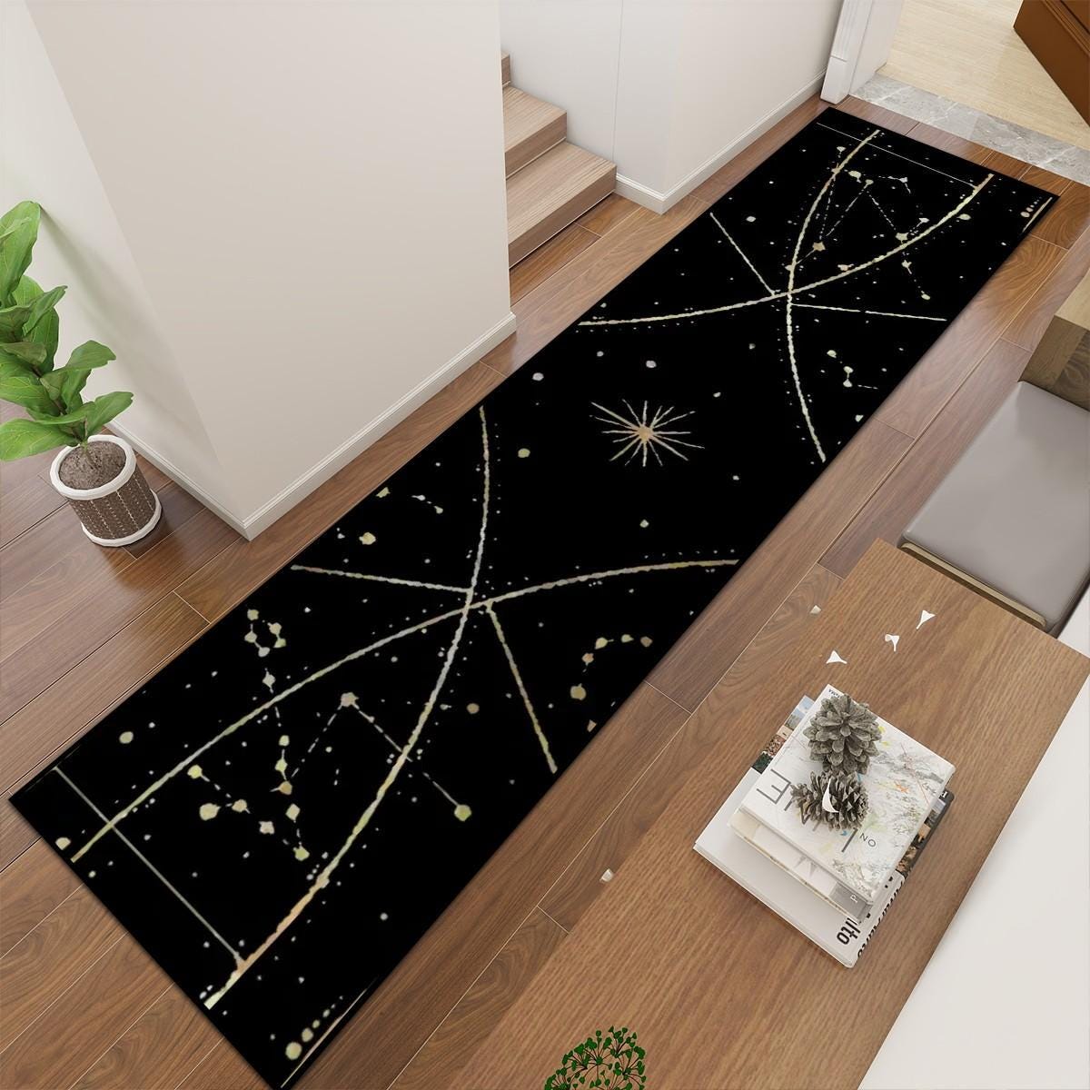 Black and Gold Celestial Runner Rug | Boho Star Map Hallway Rug | Witchy Whimsigoth Decor | Kitchen Entryway Carpet Multiple Sizes