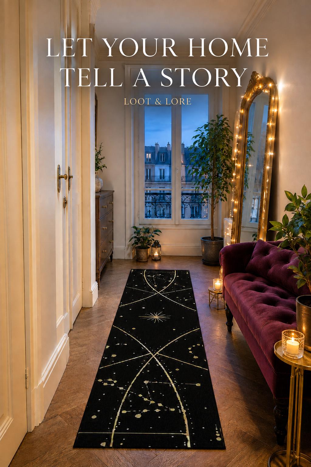 May include: A long, rectangular black runner rug featuring a white celestial pattern of stars, constellations, and geometric arcs. The text "LET YOUR HOME TELL A STORY" and "LOOT &amp; LORE" is overlaid in white at the top of the image.