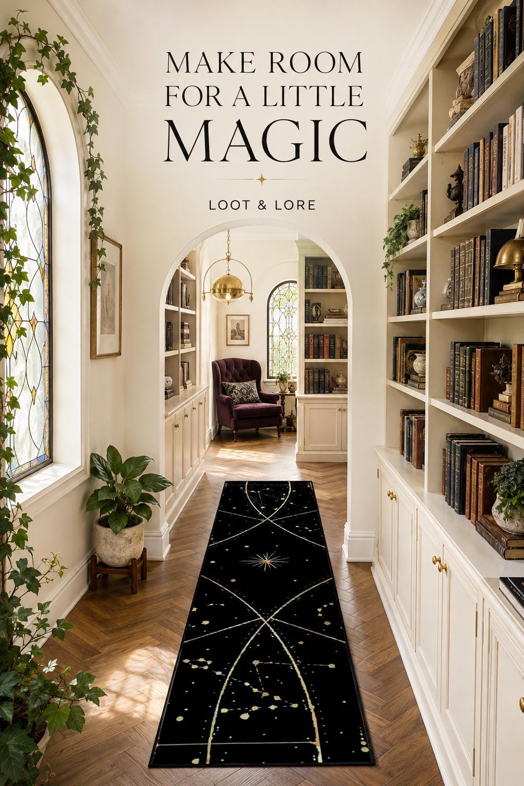 May include: A long, rectangular black runner rug featuring a gold celestial pattern of stars, constellations, and curved lines. The text 'MAKE ROOM FOR A LITTLE MAGIC' and 'LOOT &amp; LORE' is printed in black above the rug in a bright, arched hallway.