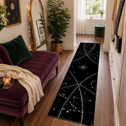 May include: A long, rectangular runner rug featuring a black background with a white celestial pattern of stars, constellations, and curved lines. The design includes various star shapes and interconnected dots forming geometric patterns across the surface.