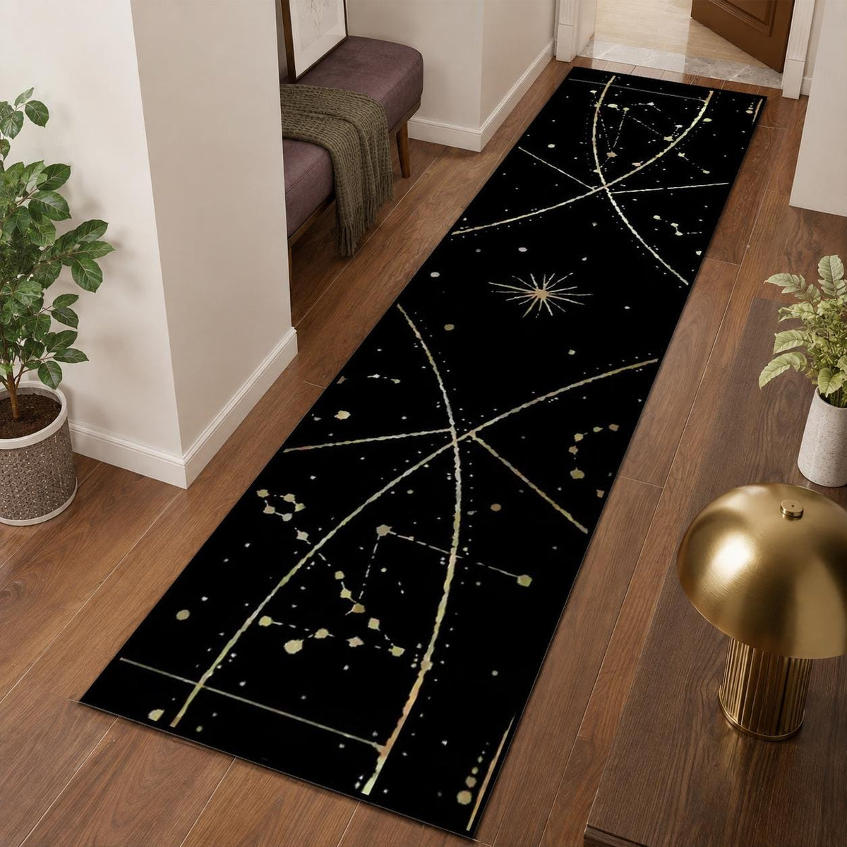 May include: A long, rectangular runner rug featuring a black background with a celestial pattern. The design includes thin, light-colored lines forming geometric shapes, star-like points, and scattered dots that resemble constellations and cosmic maps.
