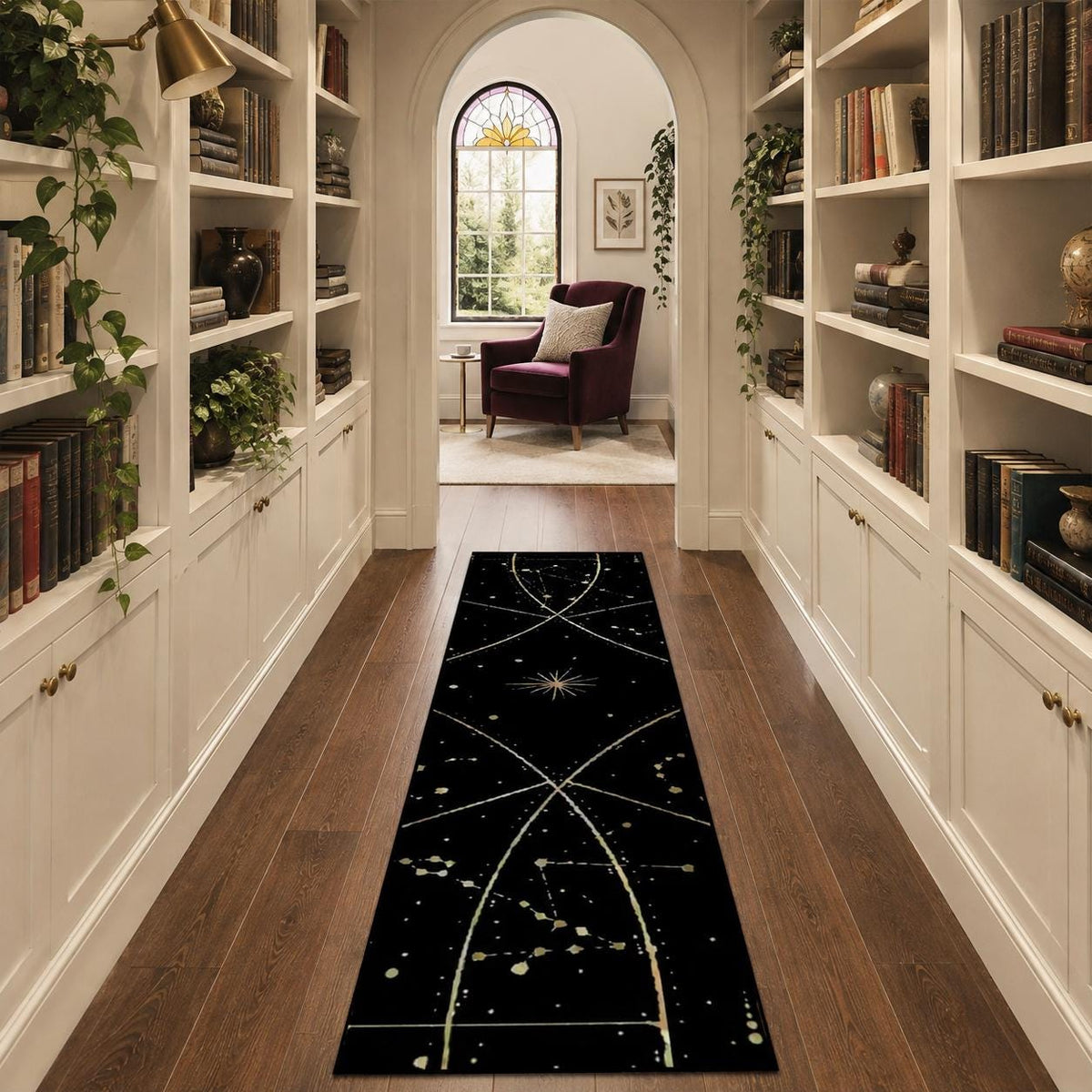 May include: A long, rectangular runner rug featuring a black background with a white celestial pattern of thin intersecting lines, starbursts, and scattered dots that mimic a star map or constellation chart, laid out on a wooden floor.