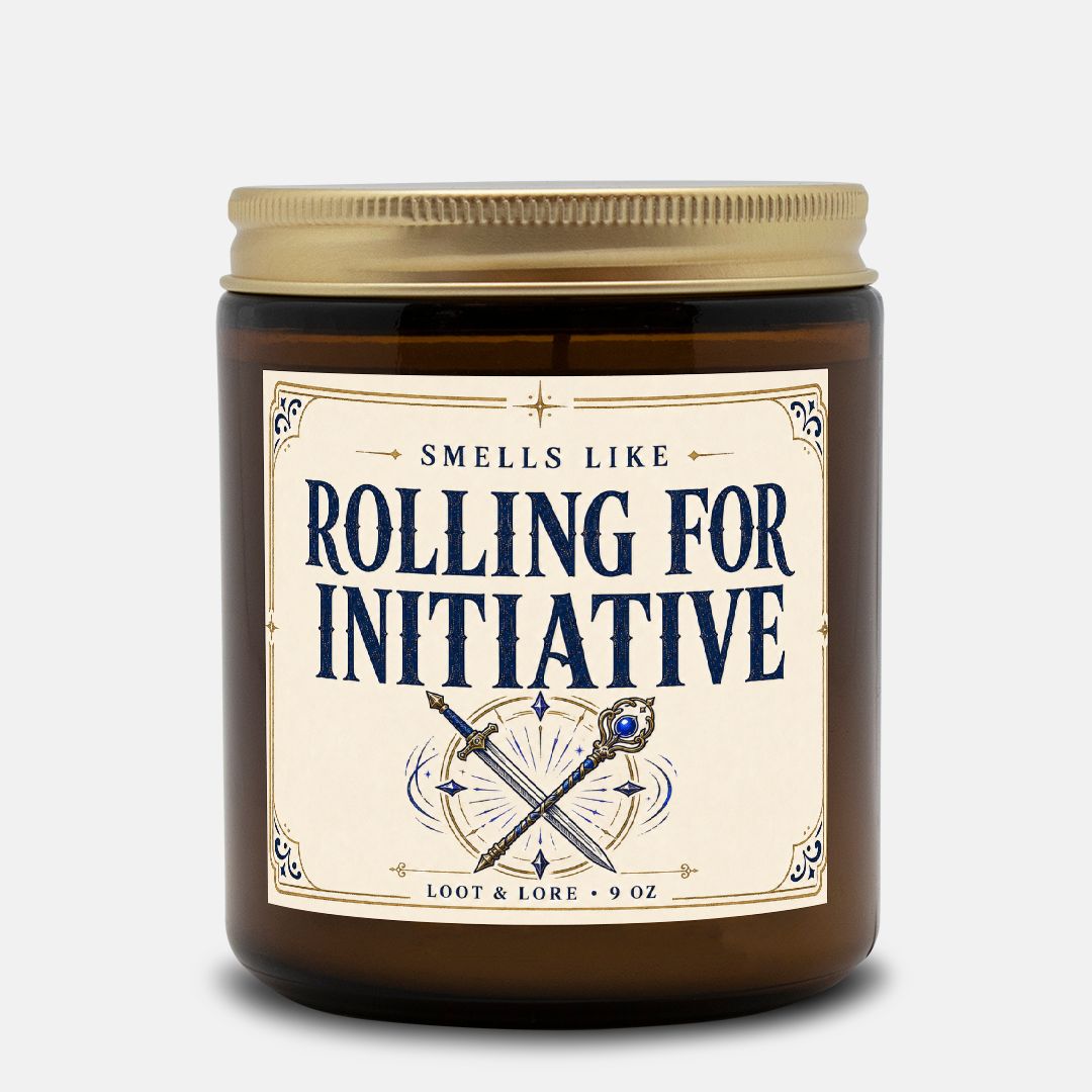 DND Candle Gift, Rolling for Initiative Funny D&D Gift, Violet Dark Musk Scented Candle, Hand Poured Coconut Apricot Wax in Amber Jar 9oz