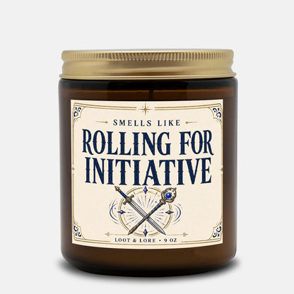 DND Candle Gift, Rolling for Initiative Funny D&D Gift, Violet Dark Musk Scented Candle, Hand Poured Coconut Apricot Wax in Amber Jar 9oz