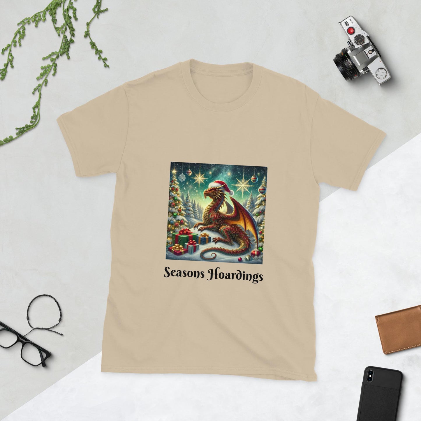 Seasons Hoardings Festive Dragon T-Shirt – D&D Holiday Fun  Short-Sleeve Unisex T-Shirt