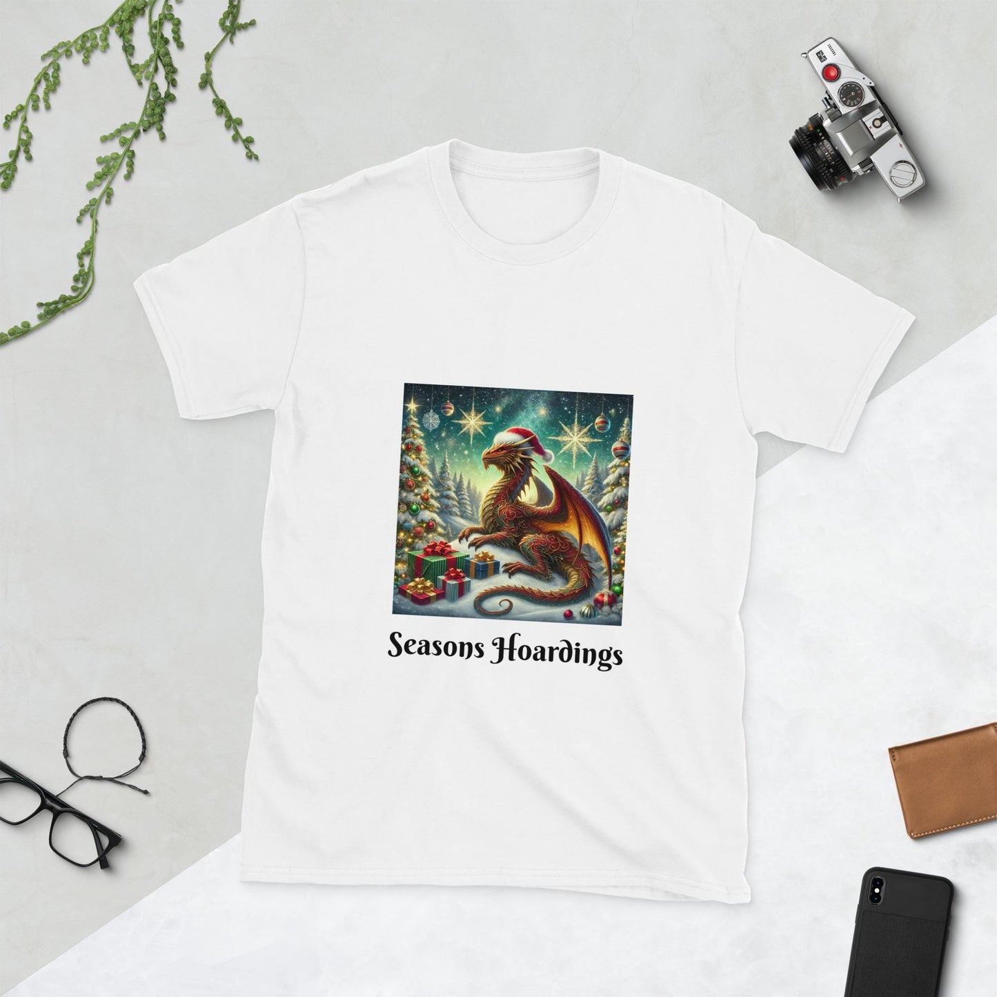 Seasons Hoardings Festive Dragon T-Shirt – D&D Holiday Fun  Short-Sleeve Unisex T-Shirt