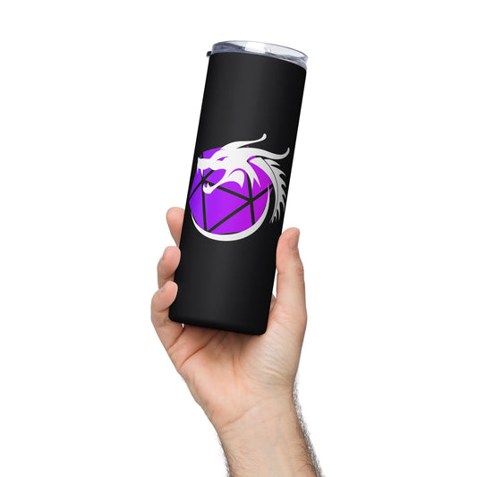 Dragon Tumbler - Black Travel Mug - DND Inspired Purple Dice & White Dragon Stainless Steel Hot and Cold Coffee Mug