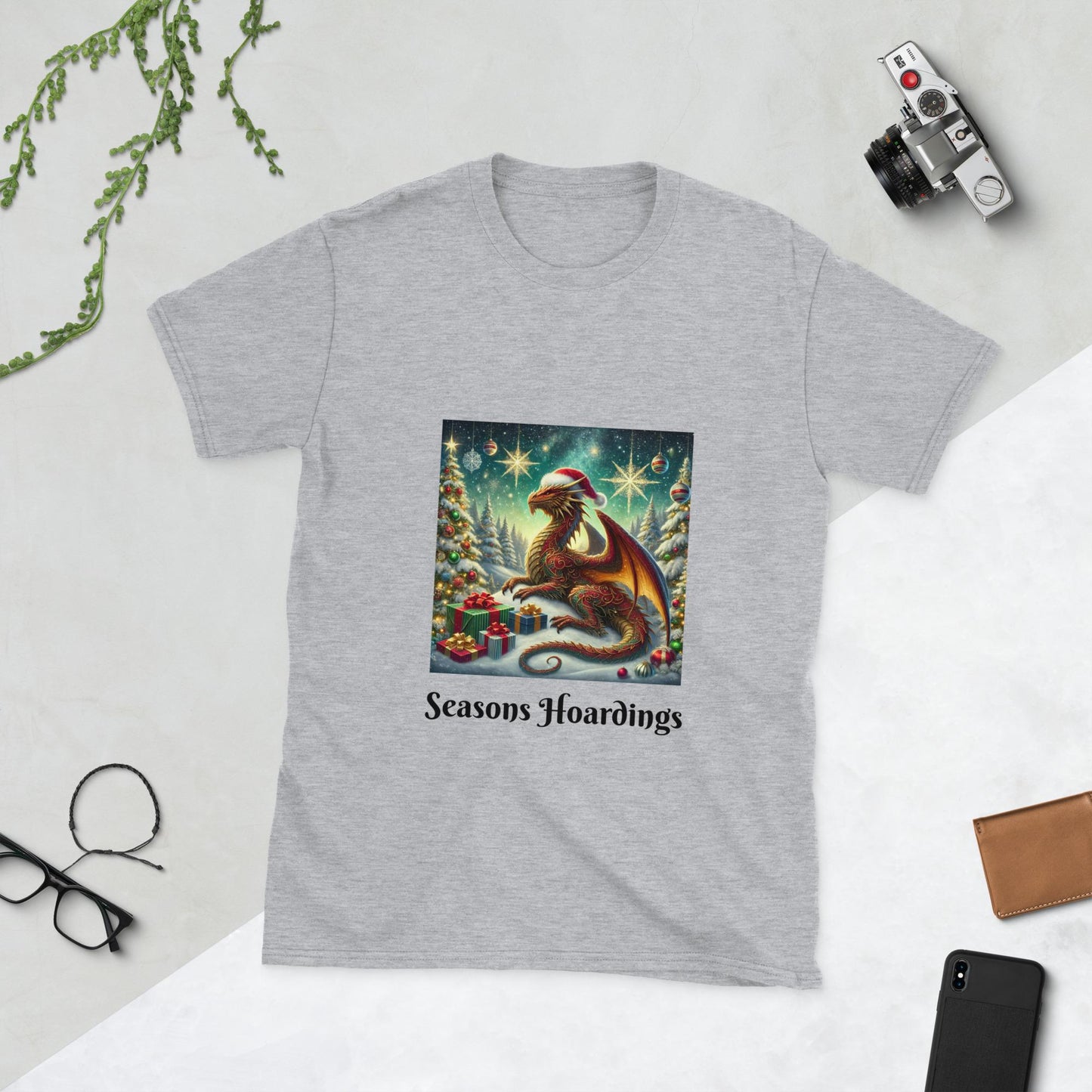 Seasons Hoardings Festive Dragon T-Shirt – D&D Holiday Fun  Short-Sleeve Unisex T-Shirt