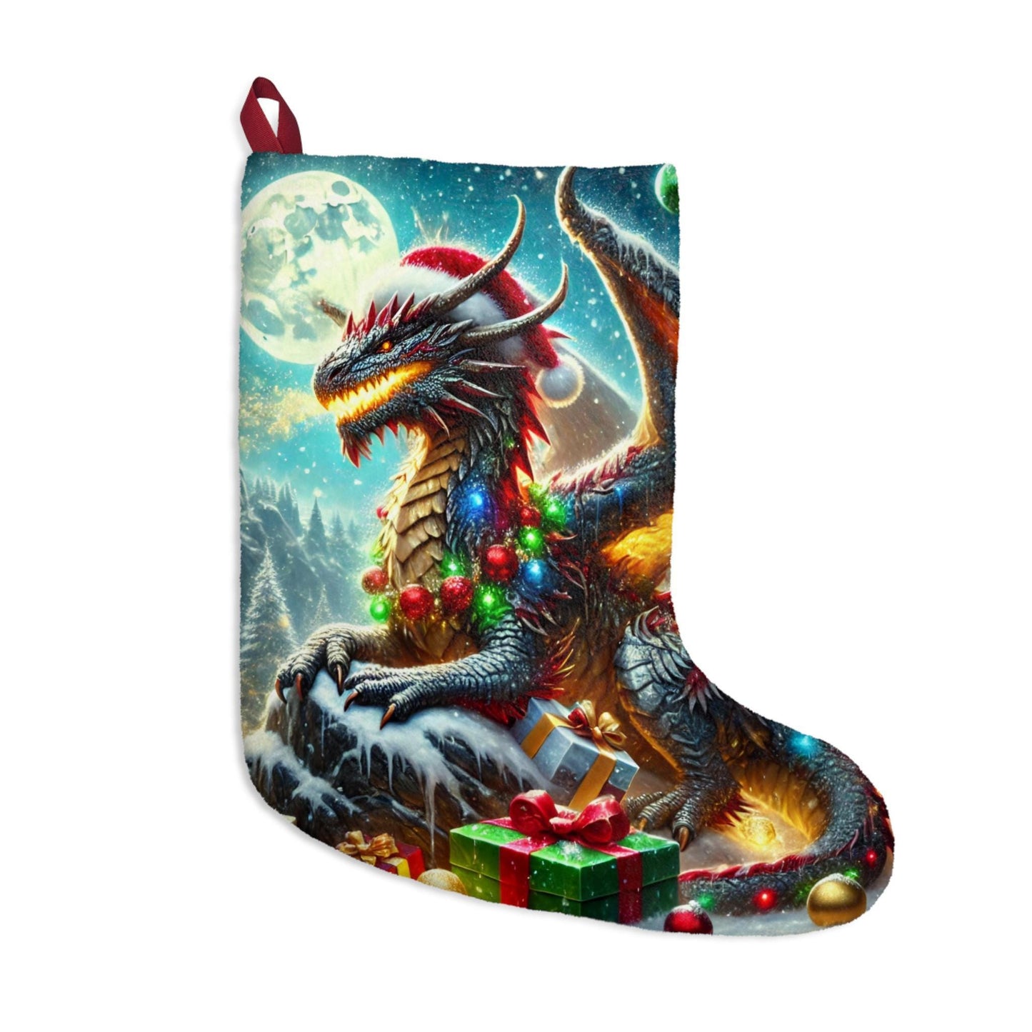 Christmas Dragon Stocking - Fantasy Christmas Decor - Dragon Wearing Santa Hat Choose Your Favorite - Great for Dungeons & Dragons Fans Xmas