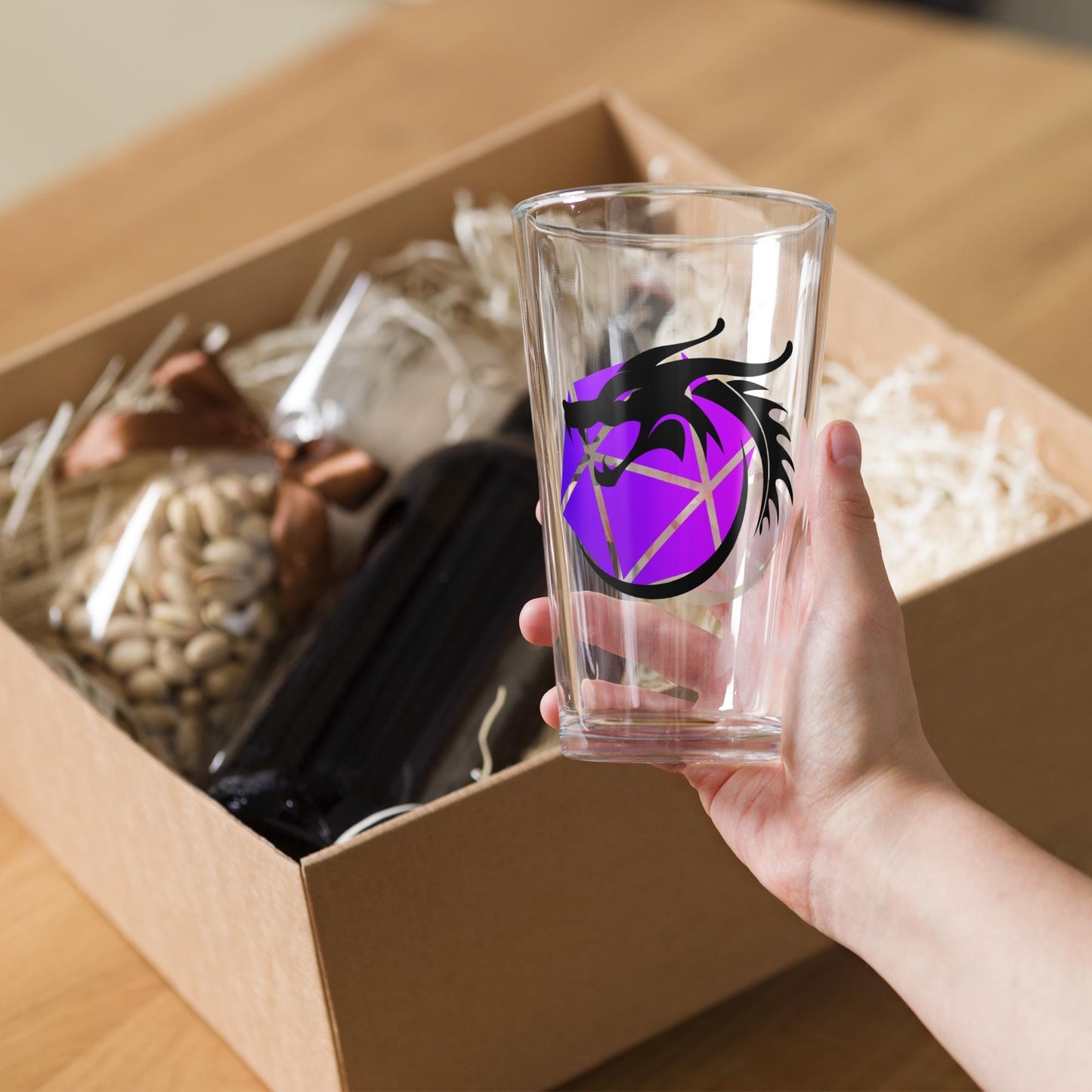 D&D Inspired Glass - Dragon and Dice Shaker Pint Glass - Modern Dragon Emblem for Dungeon Master and DND Enthusiasts