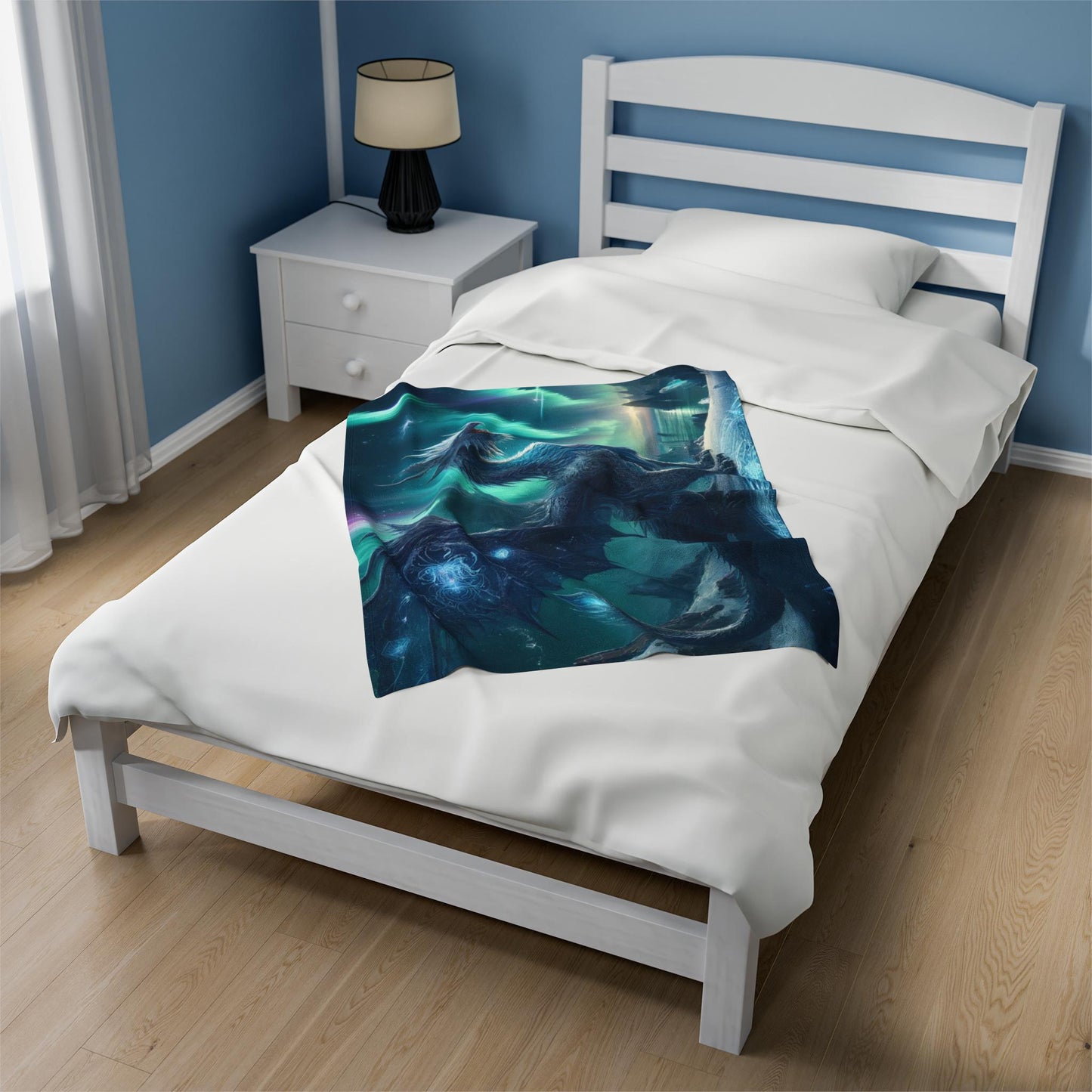 Winter Dragon Aurora Blanket - Dungeons and Dragons Inspired Home Decor - Fantasy Scene D&D Bedding - Northern Lights Dragon Throw