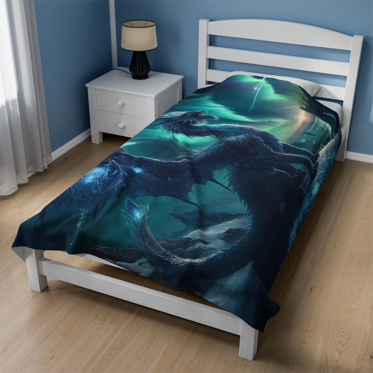 Winter Dragon Aurora Blanket - Dungeons and Dragons Inspired Home Decor - Fantasy Scene D&D Bedding - Northern Lights Dragon Throw