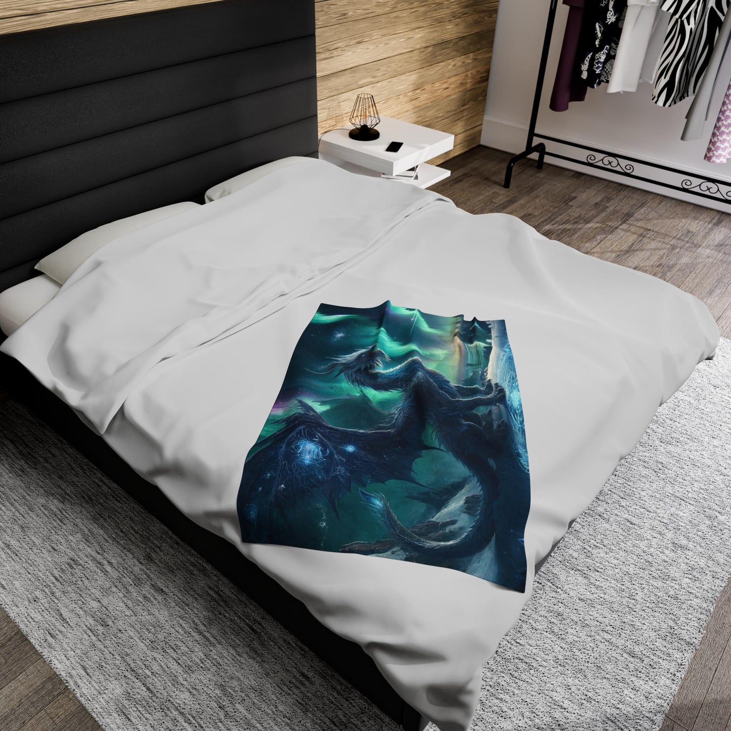 Winter Dragon Aurora Blanket - Dungeons and Dragons Inspired Home Decor - Fantasy Scene D&D Bedding - Northern Lights Dragon Throw