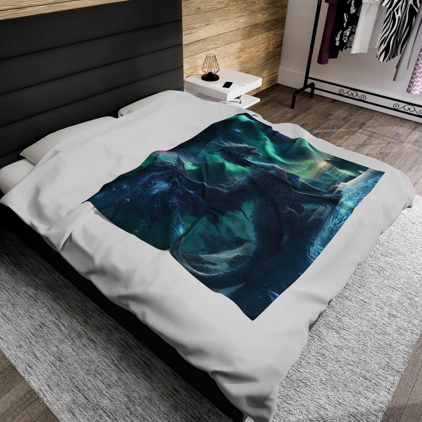 Winter Dragon Aurora Blanket - Dungeons and Dragons Inspired Home Decor - Fantasy Scene D&D Bedding - Northern Lights Dragon Throw