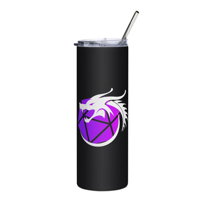 Dragon Tumbler - Black Travel Mug - DND Inspired Purple Dice & White Dragon Stainless Steel Hot and Cold Coffee Mug