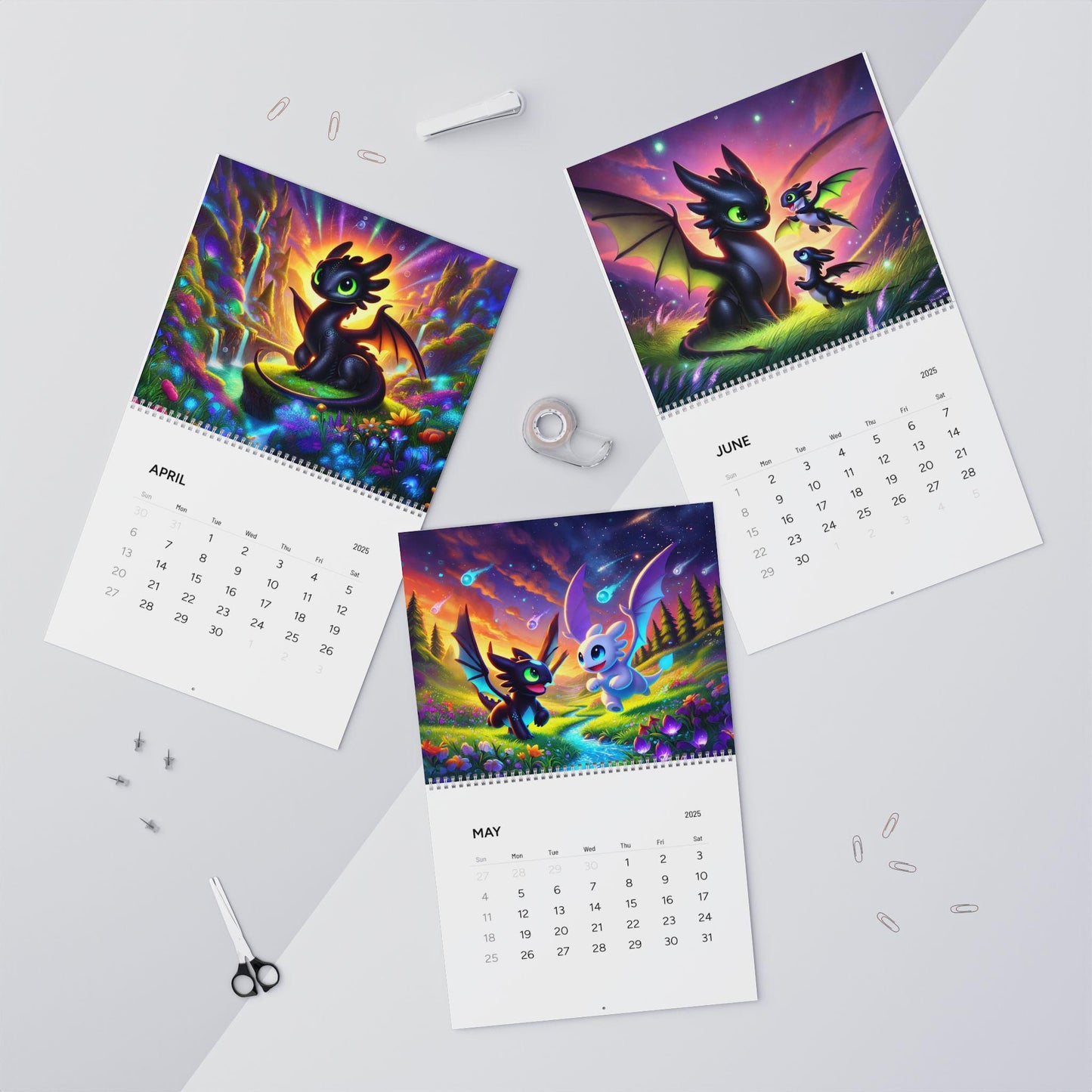 The Year of the Nightfury 2025 Wall Calendar - Toothless, How to Train Your Dragon Inspired Fantasy Artwork - Kids Room Decor, Dragon Gift