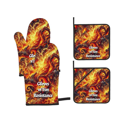 Gloves of Fire Resistance - D&D Inspired Oven Mitts and Pot Holders Set of 4 - Dungeons and Dragons Kitchen Accessories - Fire Up Your Space