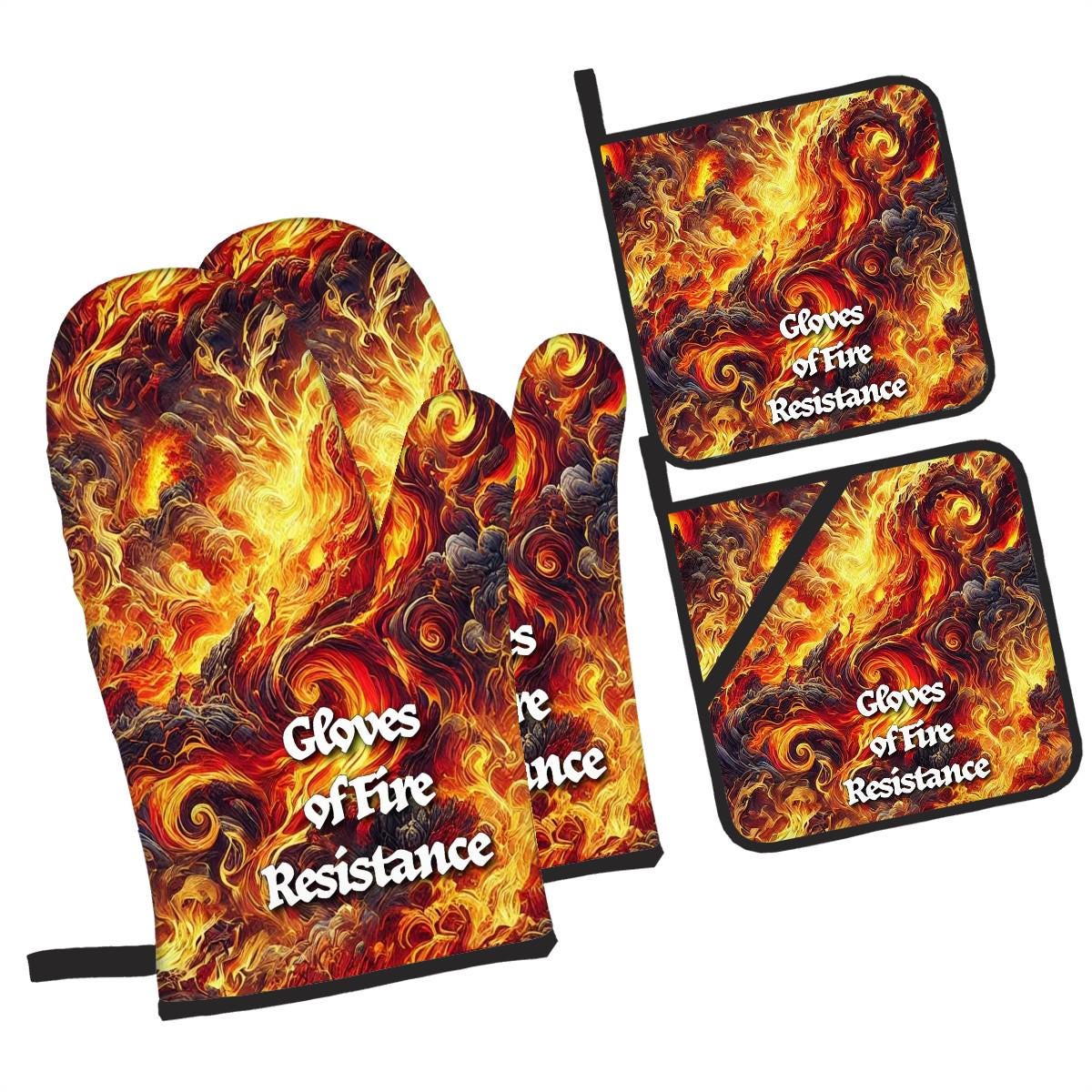 Gloves of Fire Resistance - D&D Inspired Oven Mitts and Pot Holders Set of 4 - Dungeons and Dragons Kitchen Accessories - Fire Up Your Space