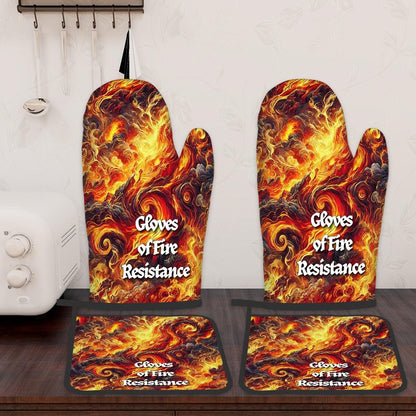 Gloves of Fire Resistance - D&D Inspired Oven Mitts and Pot Holders Set of 4 - Dungeons and Dragons Kitchen Accessories - Fire Up Your Space